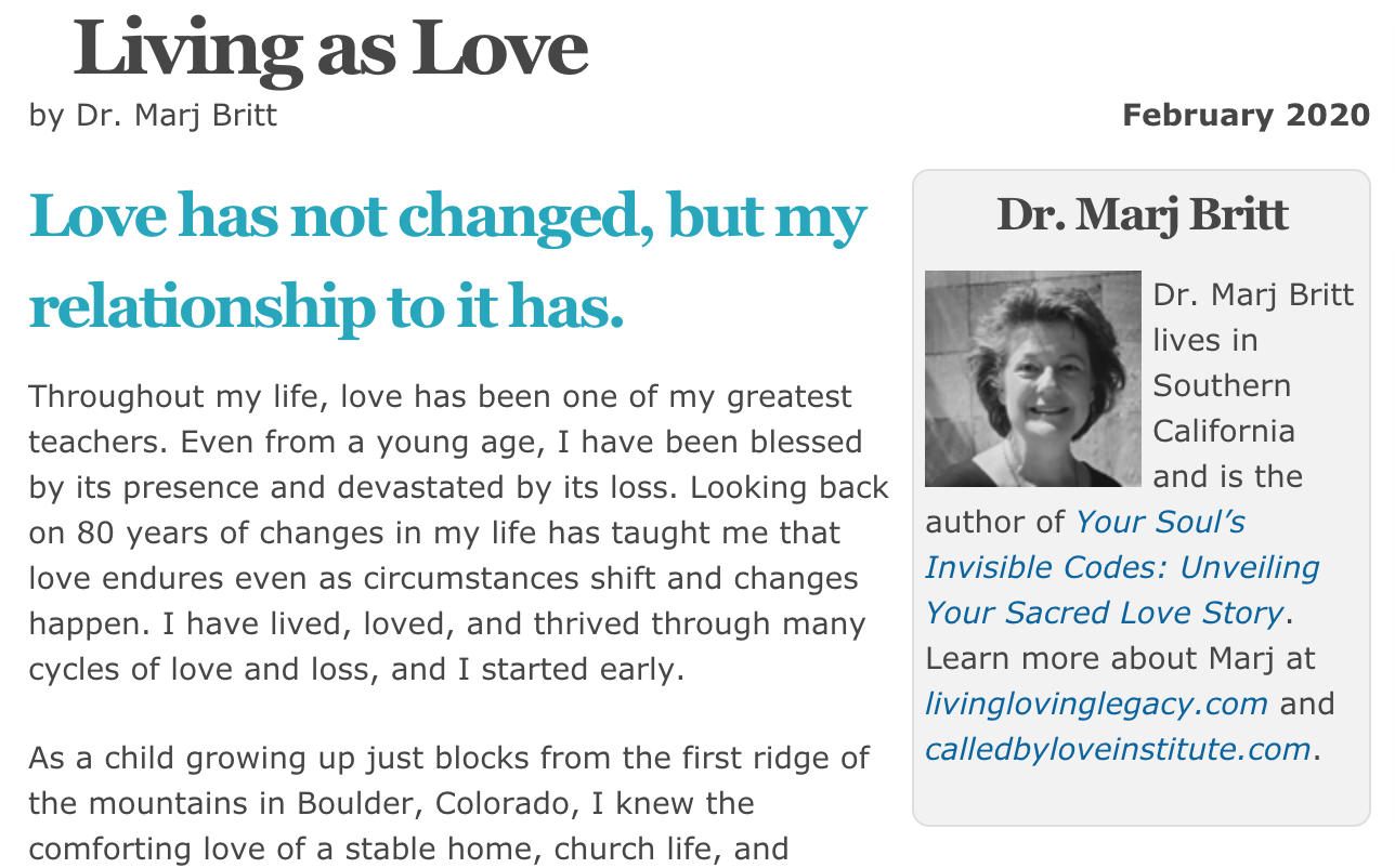 Read more about the article Living as Love, by Dr. Marj Britt, published in the Daily Word, February 2020